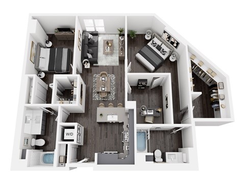 A top-down view of a house layout with a kitchen, living room, and bedrooms.
